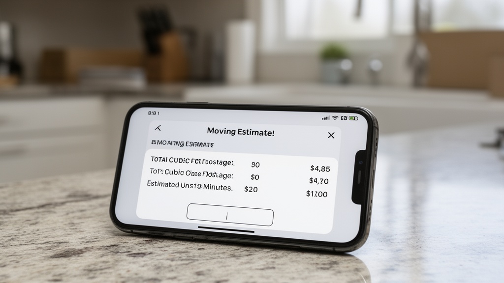 A smartphone lying flat on a kitchen counter displaying a completed moving estimate notification wit