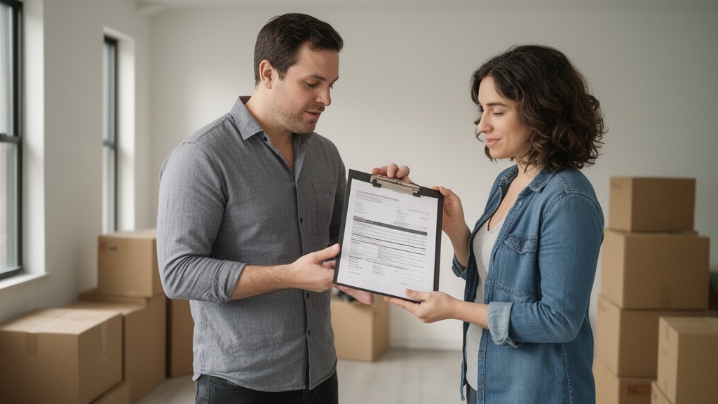 A couple in their 30s standing in an empty studio apartment in Queens, reviewing a printed moving qu