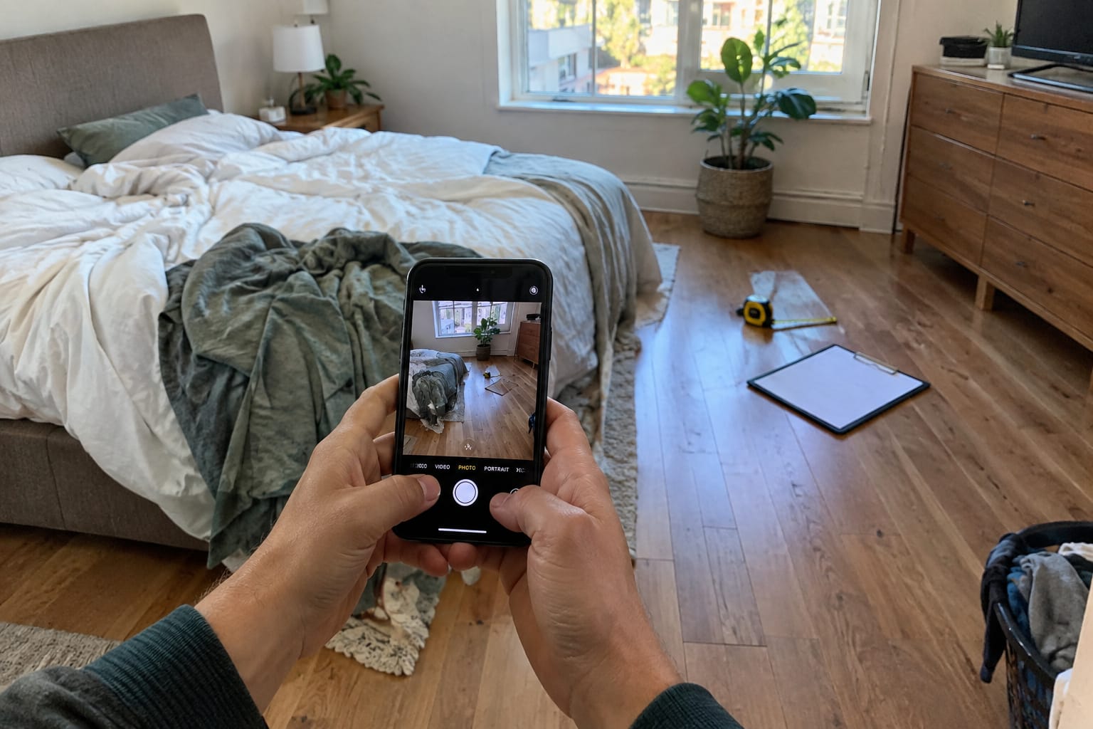 Person filming a refrigerator and dining set with a smartphone in a home kitchen