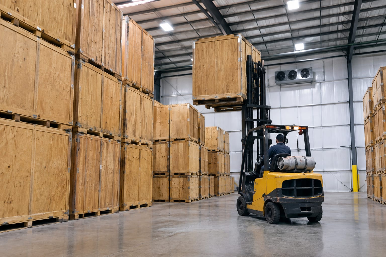 Rows of labeled wooden storage vaults in a warehouse with a forklift parked in the aisle