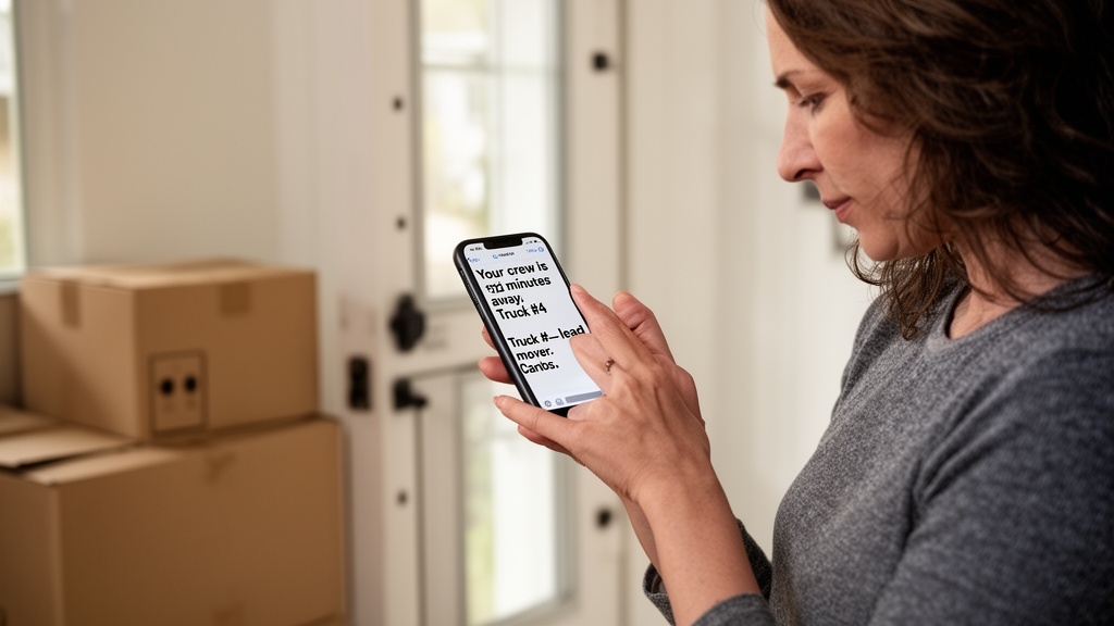 A homeowner in her 30s checking a text message on her phone that reads: 'Your crew is 12 minutes awa