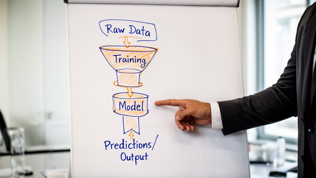 A whiteboard in a bright conference room showing a hand-drawn machine learning diagram in blue and o