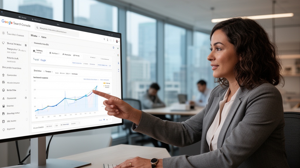 A digital marketing consultant — a woman in her 30s — pointing to a large monitor displaying a Googl