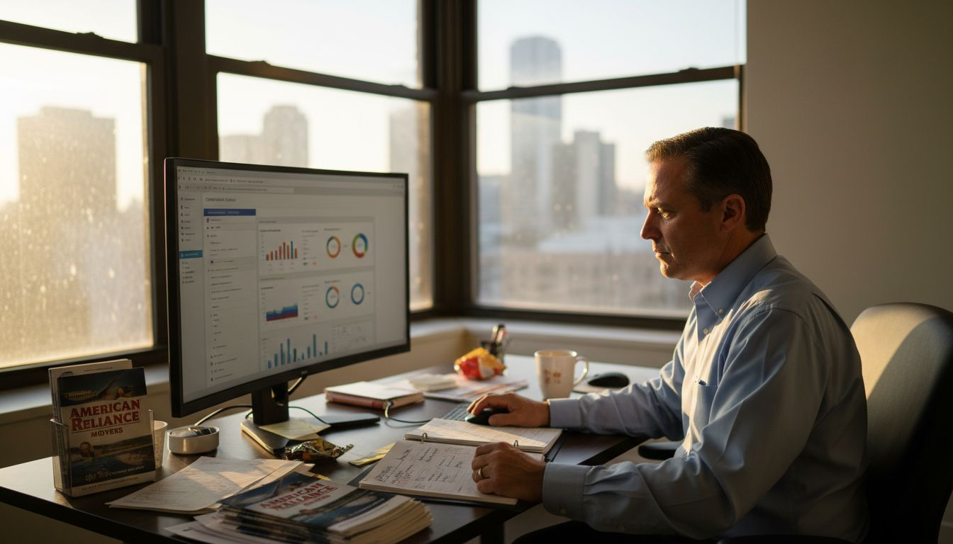 Manager reviews CRM dashboard in moving office
