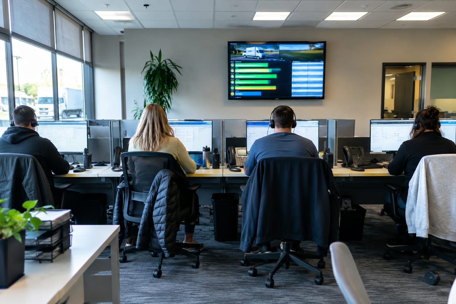 Four headset sales reps at desks in a moving company sales room with quote screens and a wall leaderboard.