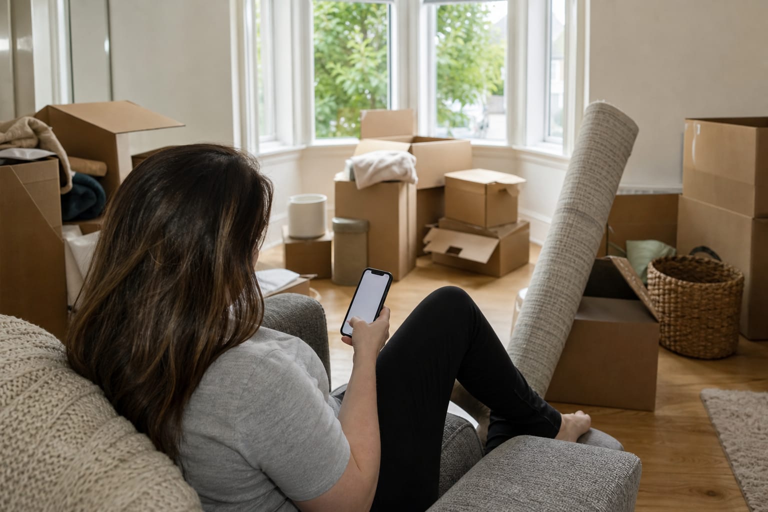 Homeowner on a couch reading a moving company text reply amid packed boxes and a rolled rug.