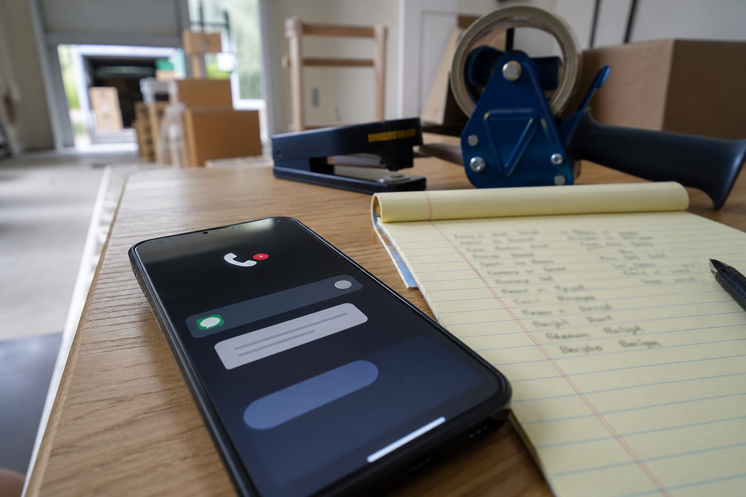 Phone screen showing a missed call and queued follow-up message beside a notepad of move dates.