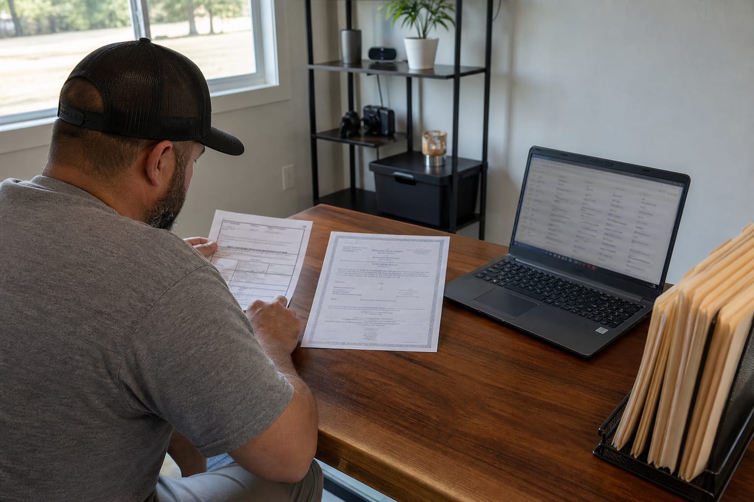Owner comparing a printed mover permit and insurance certificate beside a laptop showing a license lookup