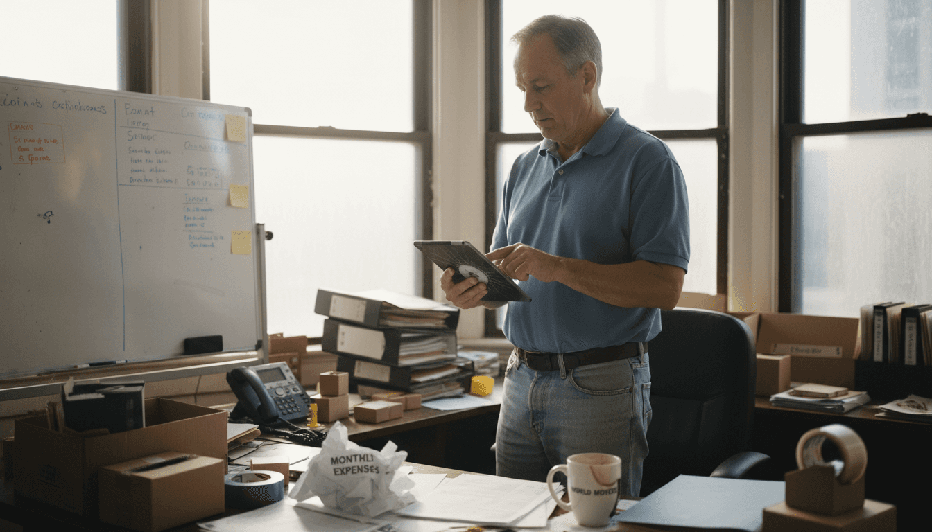 Moving manager reviewing AI estimate in office