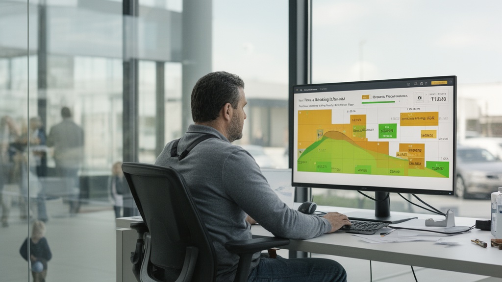 Dispatcher viewing a real-time demand heatmap with crew capacity and dynamic price suggestions on a monitor