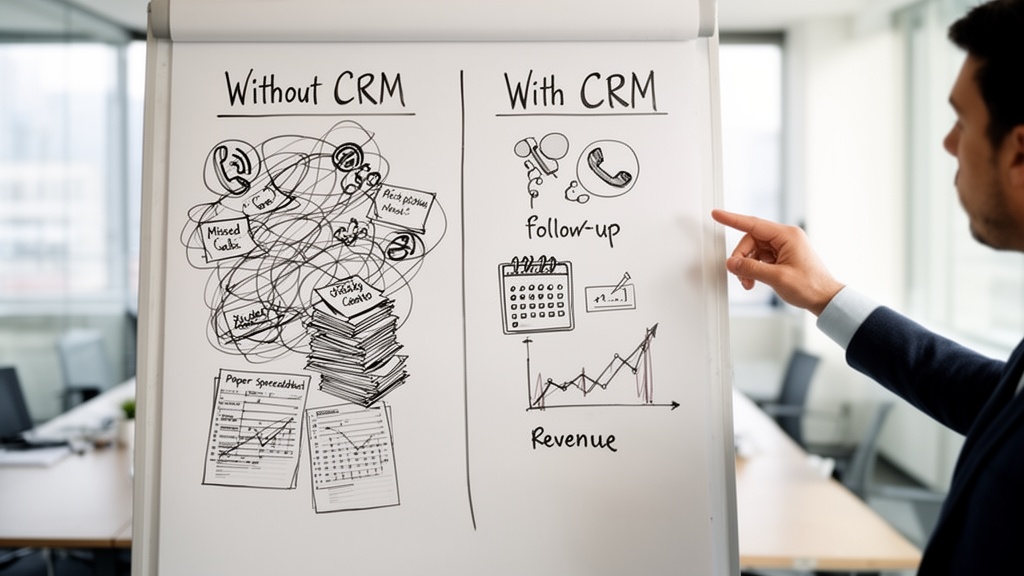 A whiteboard in a bright office meeting room showing two side-by-side columns drawn in marker: 'With