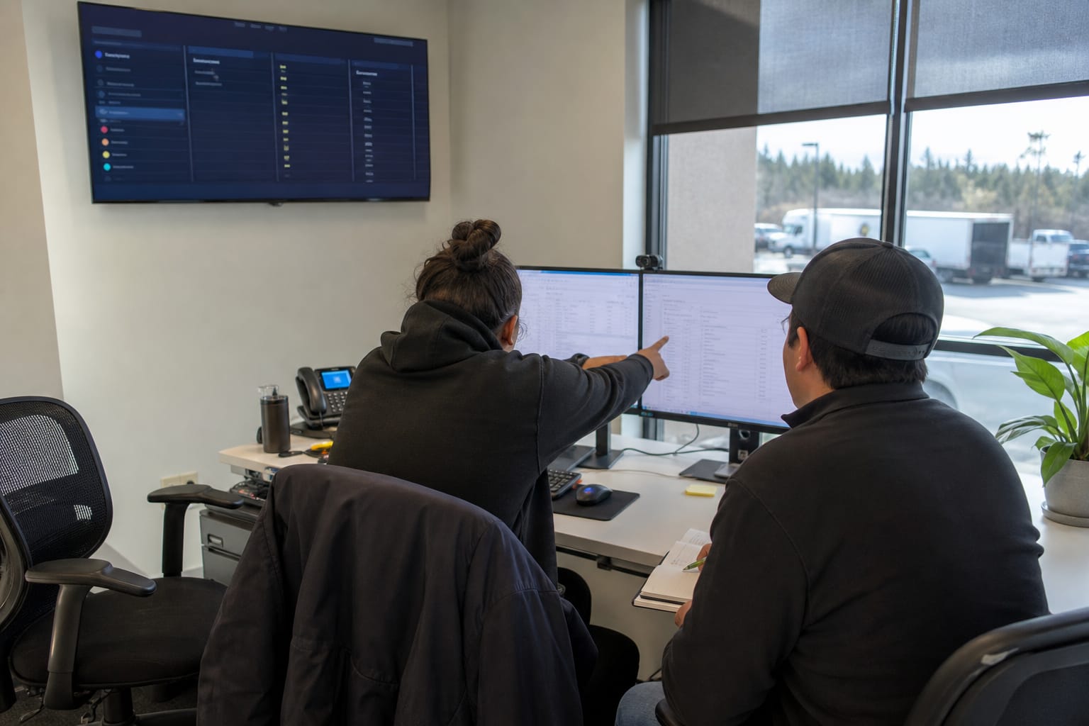 Two office staff reviewing a CRM lead list on a monitor beside a wall bookings board