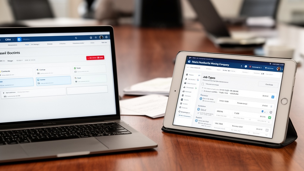 A close-up of a conference table surface: on the left, an open laptop displaying a generic CRM inter