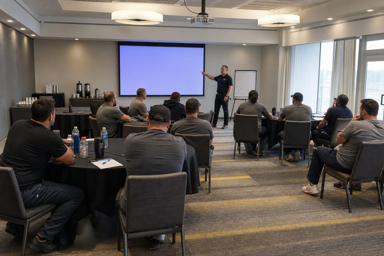 Moving crews in company shirts at a training session with an instructor and projector screen