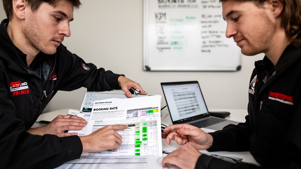 Two moving company staff members at a table reviewing a printed weekly performance report — one pers