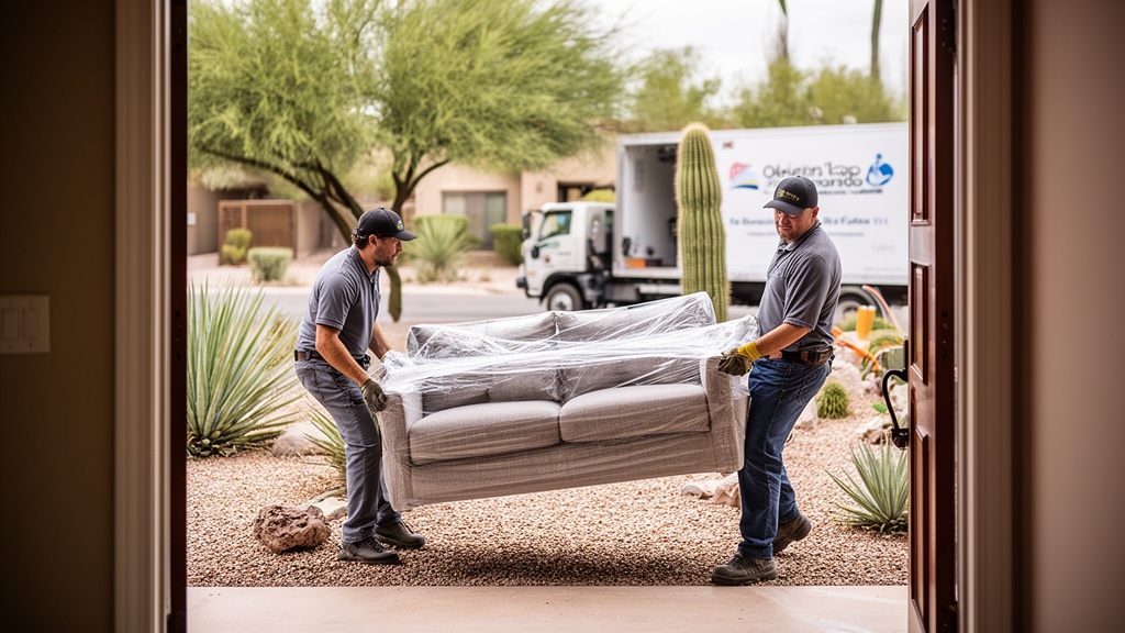 Two movers carefully carry a wrapped sectional sofa through the front entryway of a Scottsdale-area