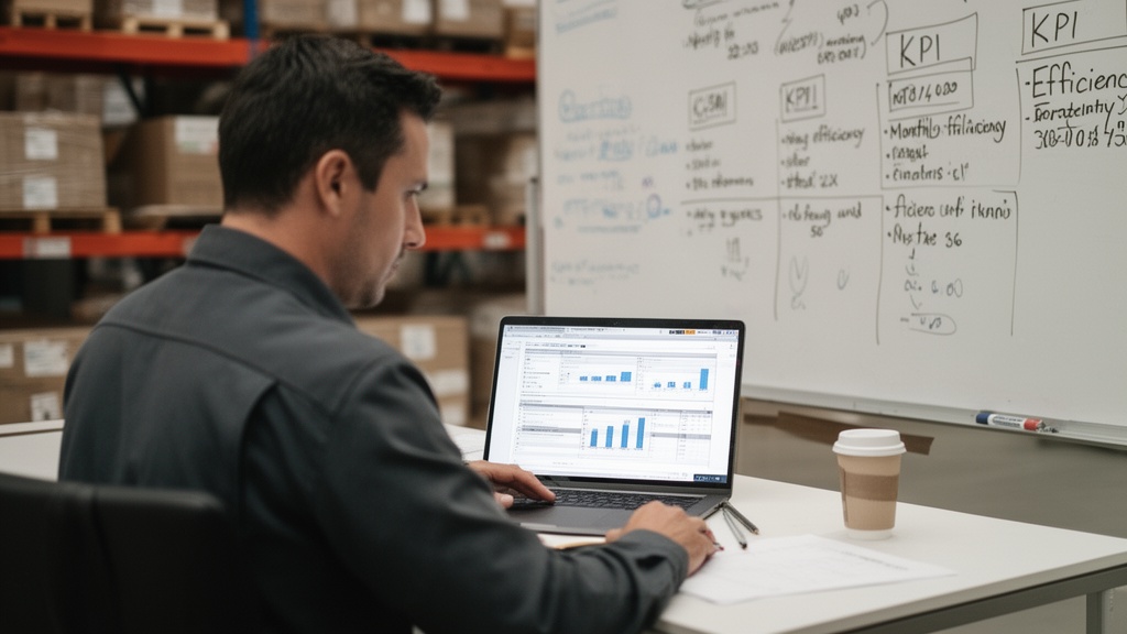 A moving company operations manager reviewing an automated monthly performance report printed on pap