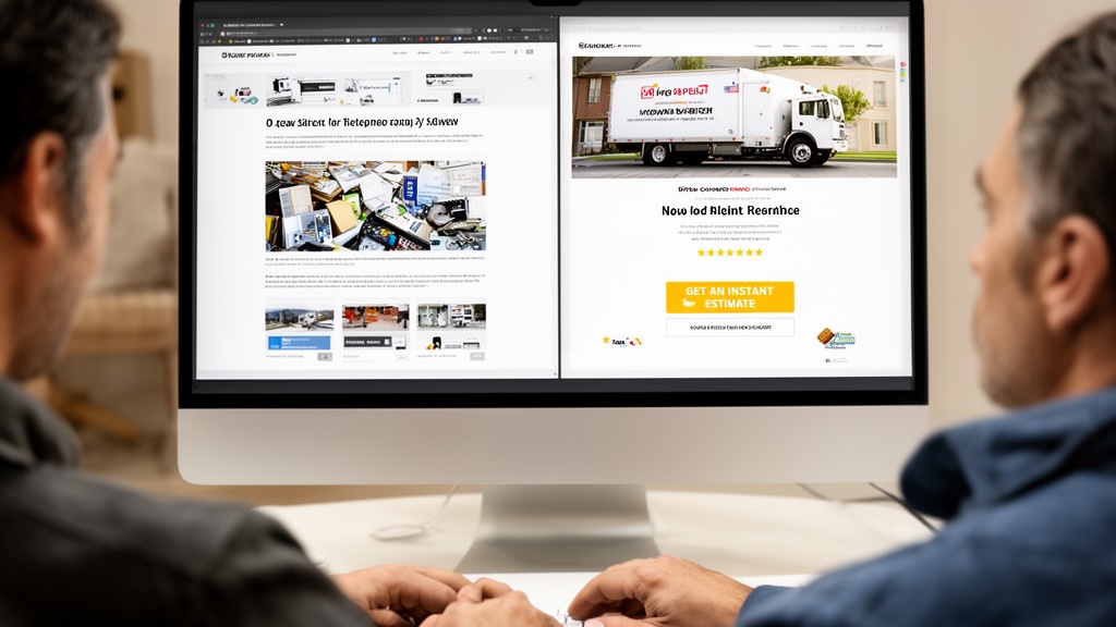 A split-scene comparison showing two moving company websites side by side on a desktop monitor: the 