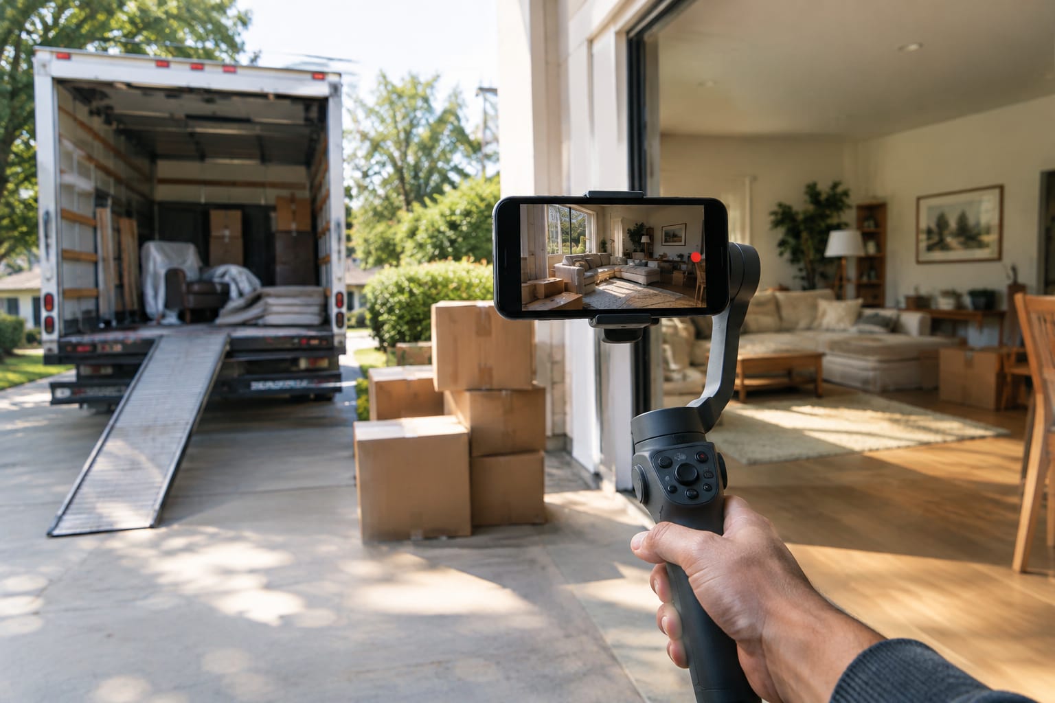 Dispatcher at a warehouse office desk viewing a truck schedule board, box trucks parked outside the window