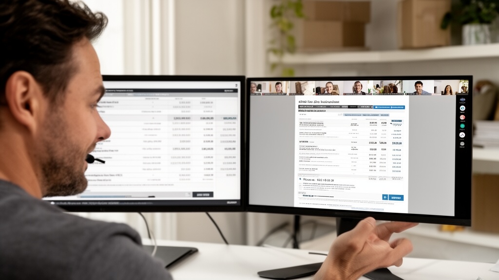 A moving company sales representative sharing a screen during a video call with a customer, both vis