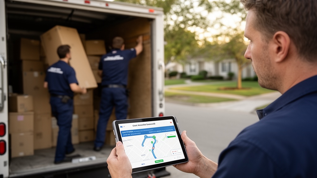 Two movers in uniform loading a truck while a dispatcher in the foreground holds a tablet showing re