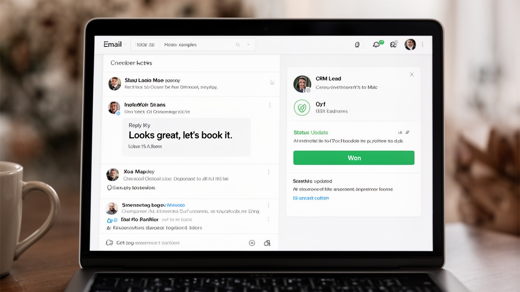 A laptop screen showing two panels side by side: on the left an email inbox with a reply from a cust