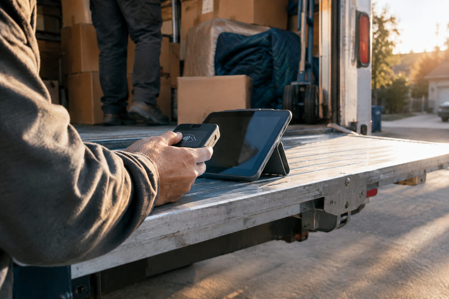 Mover in uniform showing a customer a payment screen on a phone at a front door, empty truck at the curb
