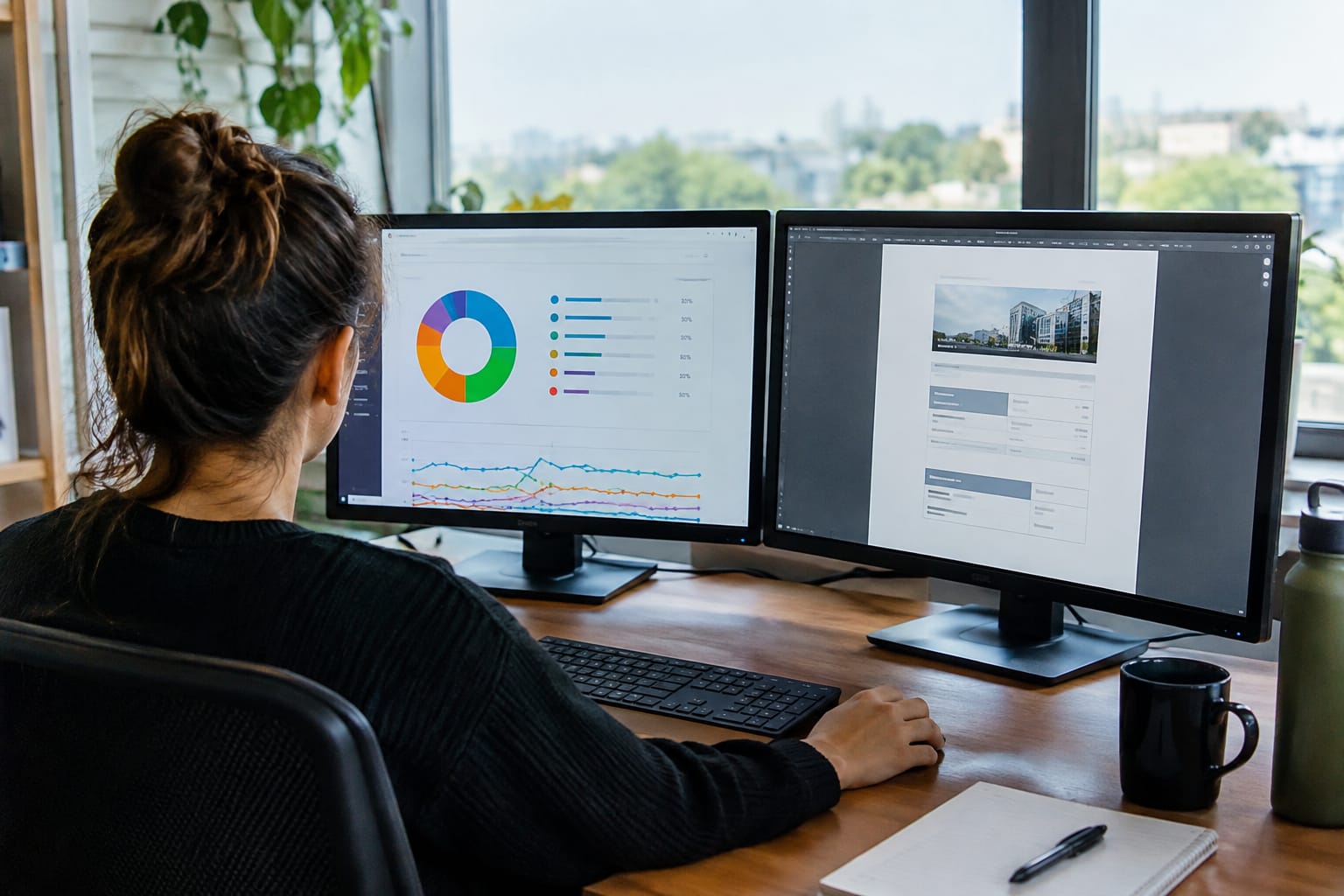 Two monitors showing a lead-source bar chart on one screen and a moving quote PDF on the other.