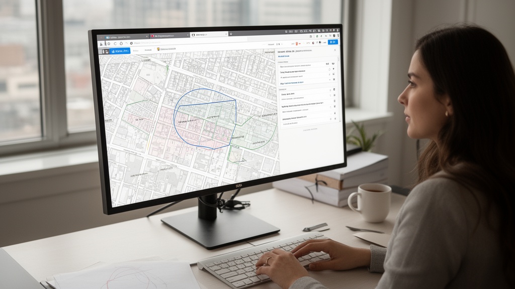 A marketing coordinator at a standing desk working on a large monitor open to a city neighborhood ma