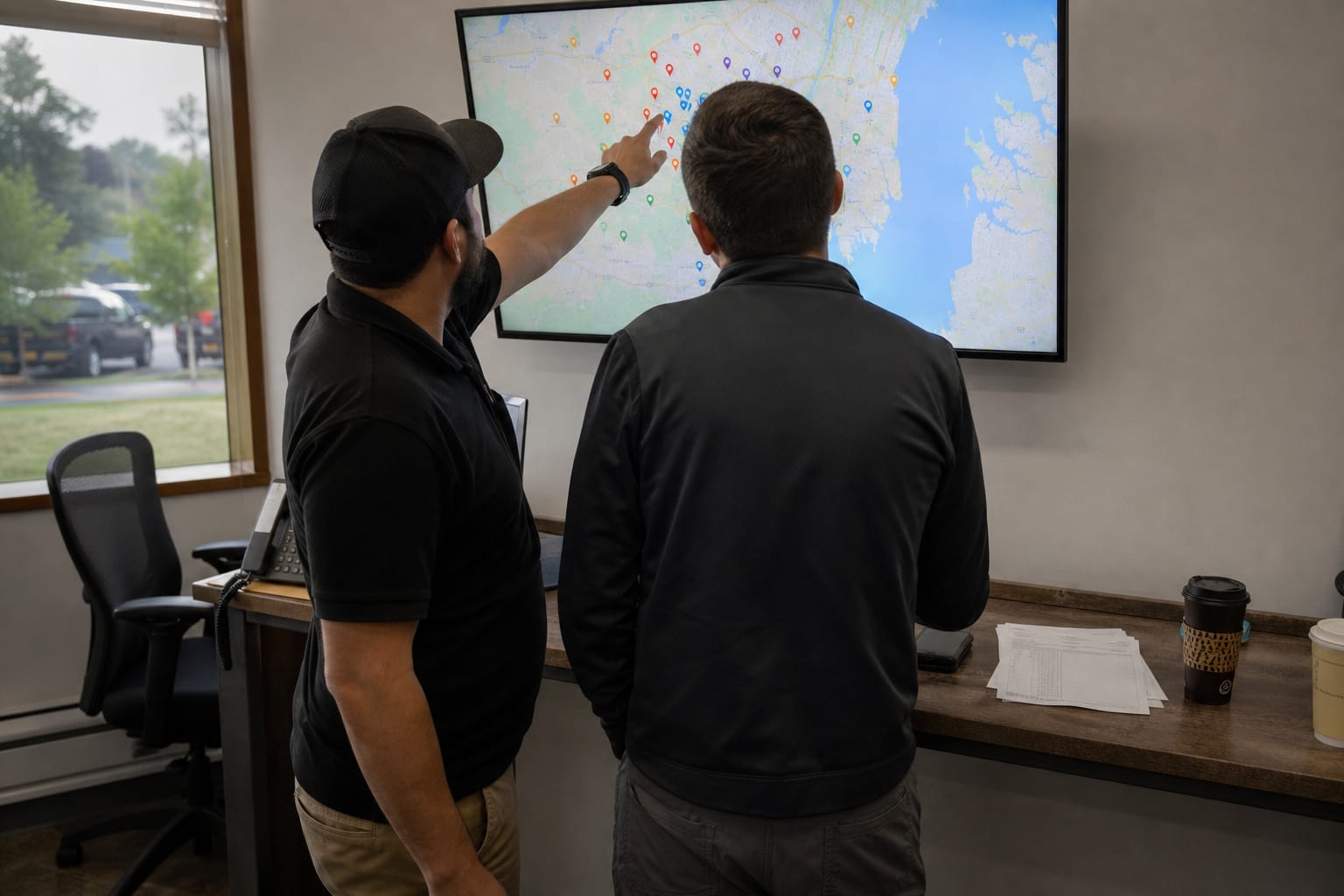 Two staff pointing at a wall monitor showing a metro map with color-coded moving job pins.