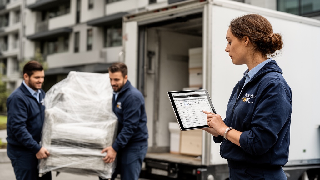 A moving crew of three in matching uniforms carefully carrying wrapped furniture out of a modern apa