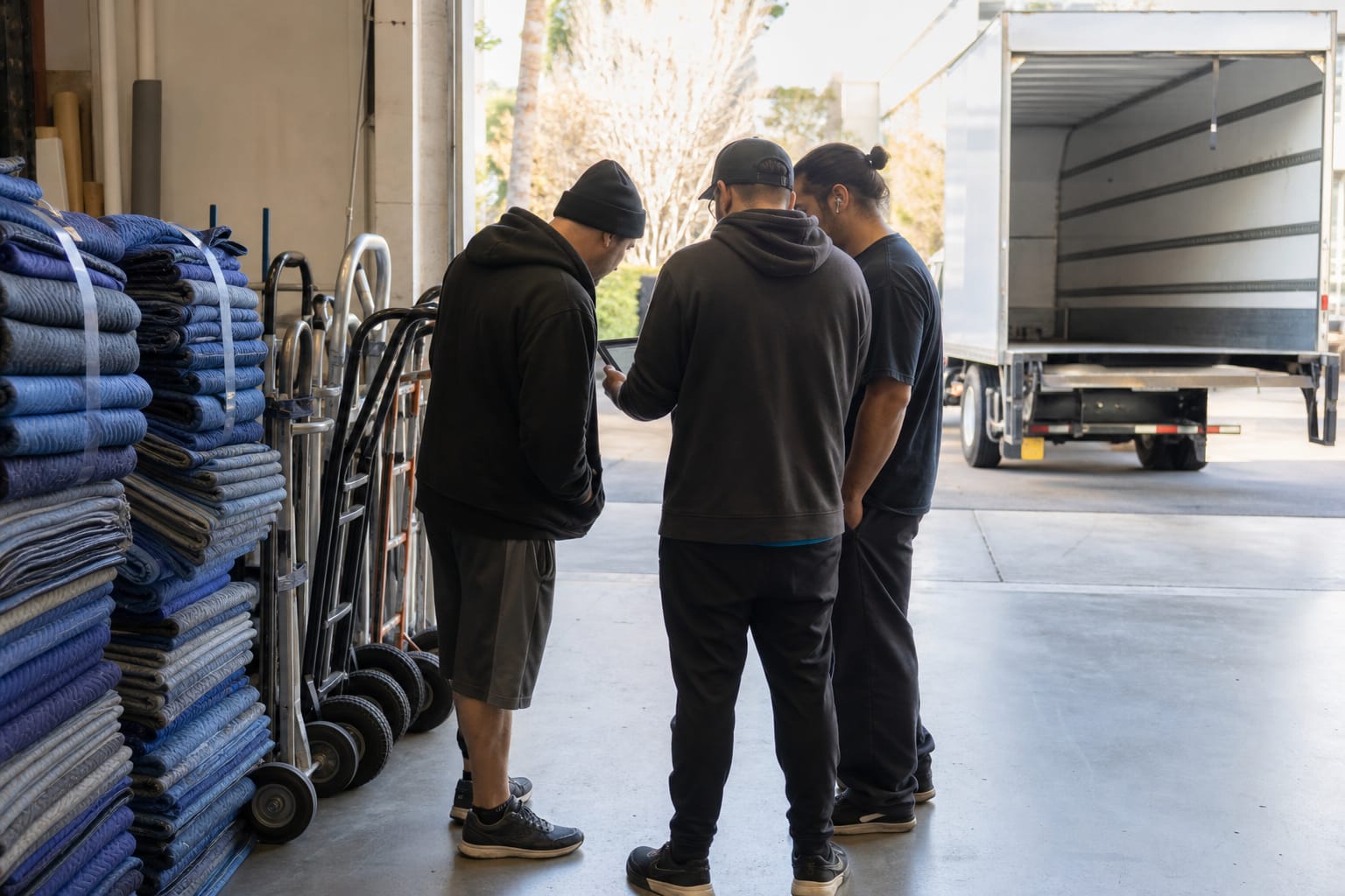 Three crew members reviewing a job on a foreman's tablet in a warehouse before dispatch.