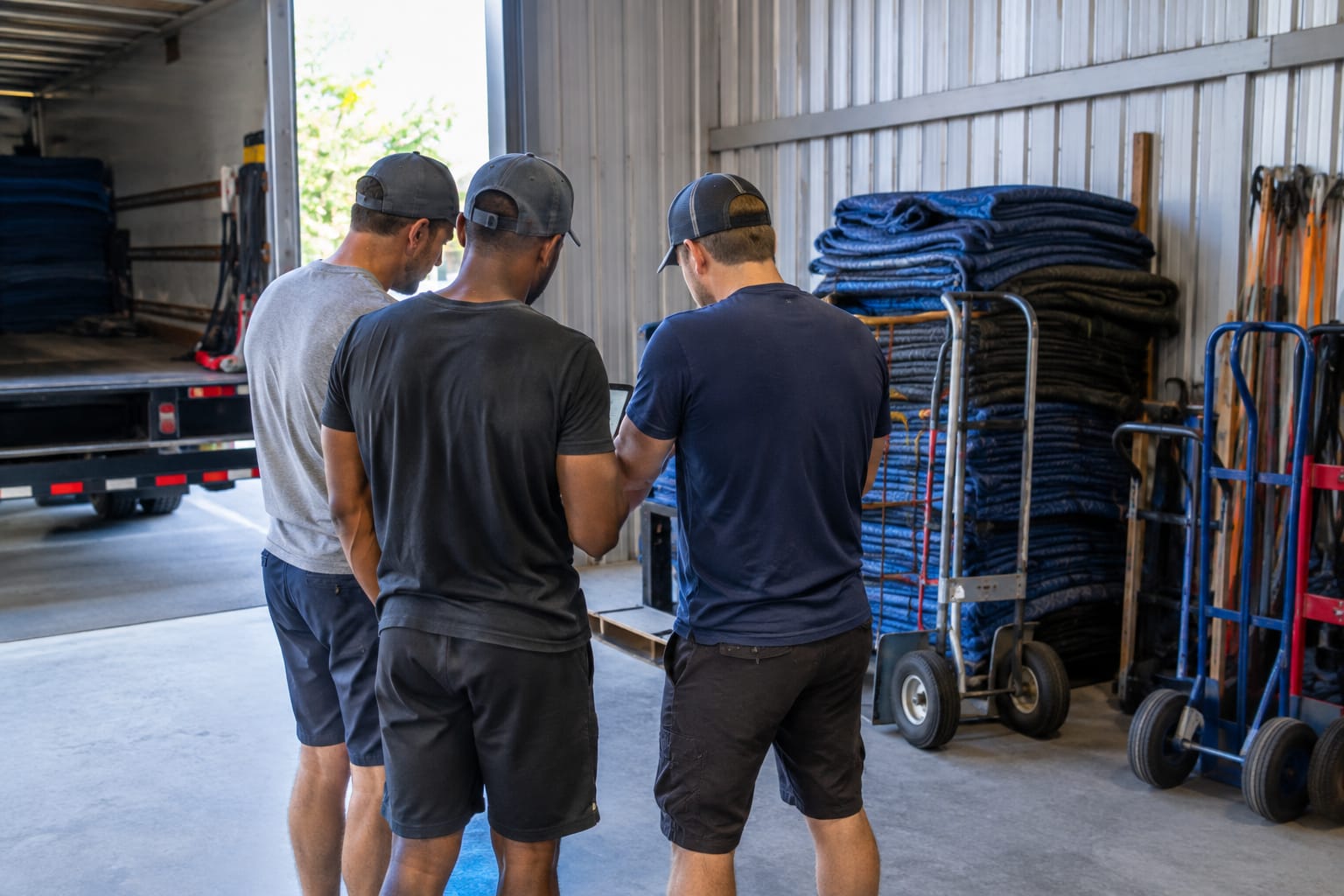 Moving crew and office staff with tablets at folding tables while a trainer points to a scheduling calendar on screen
