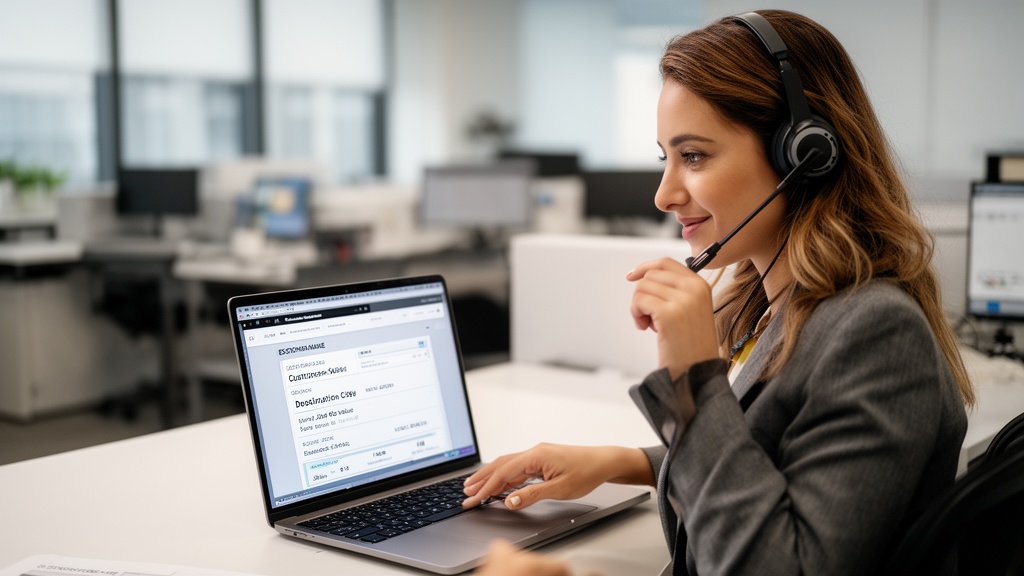 A sales representative at a modern open-plan office desk wears a headset and takes a call, laptop op