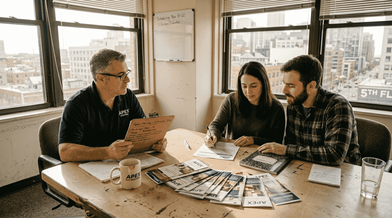 Manager and clients reviewing moving estimate