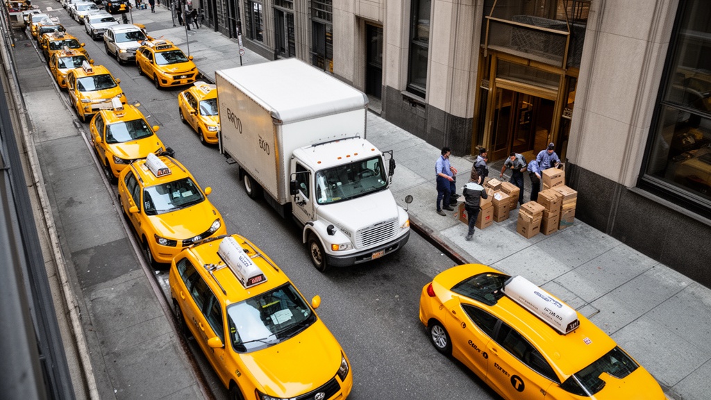 Aerial view looking down at a narrow Manhattan street packed with yellow cabs and a white moving tru
