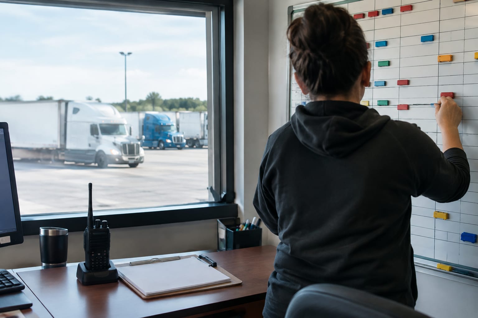 Dispatcher on the phone at a standing desk with a truck scheduling board on screen and idling trucks outside