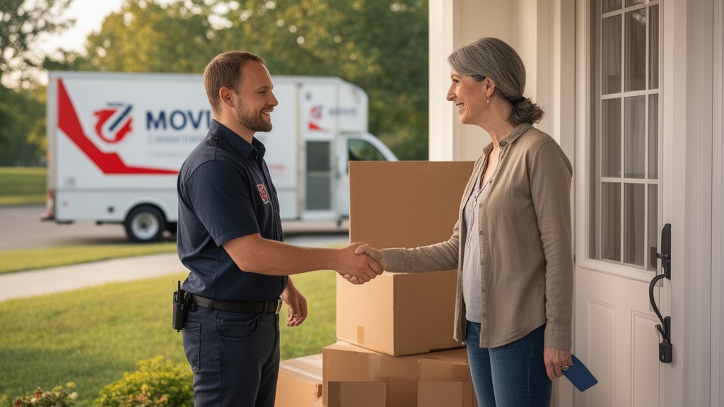 A moving company estimator in uniform shaking hands with a homeowner on a front porch after completi