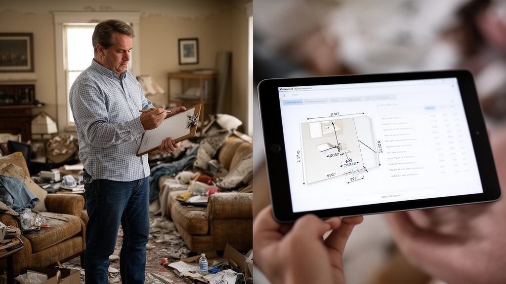 A split-screen visual showing a traditional estimator with a clipboard standing in a cluttered livin