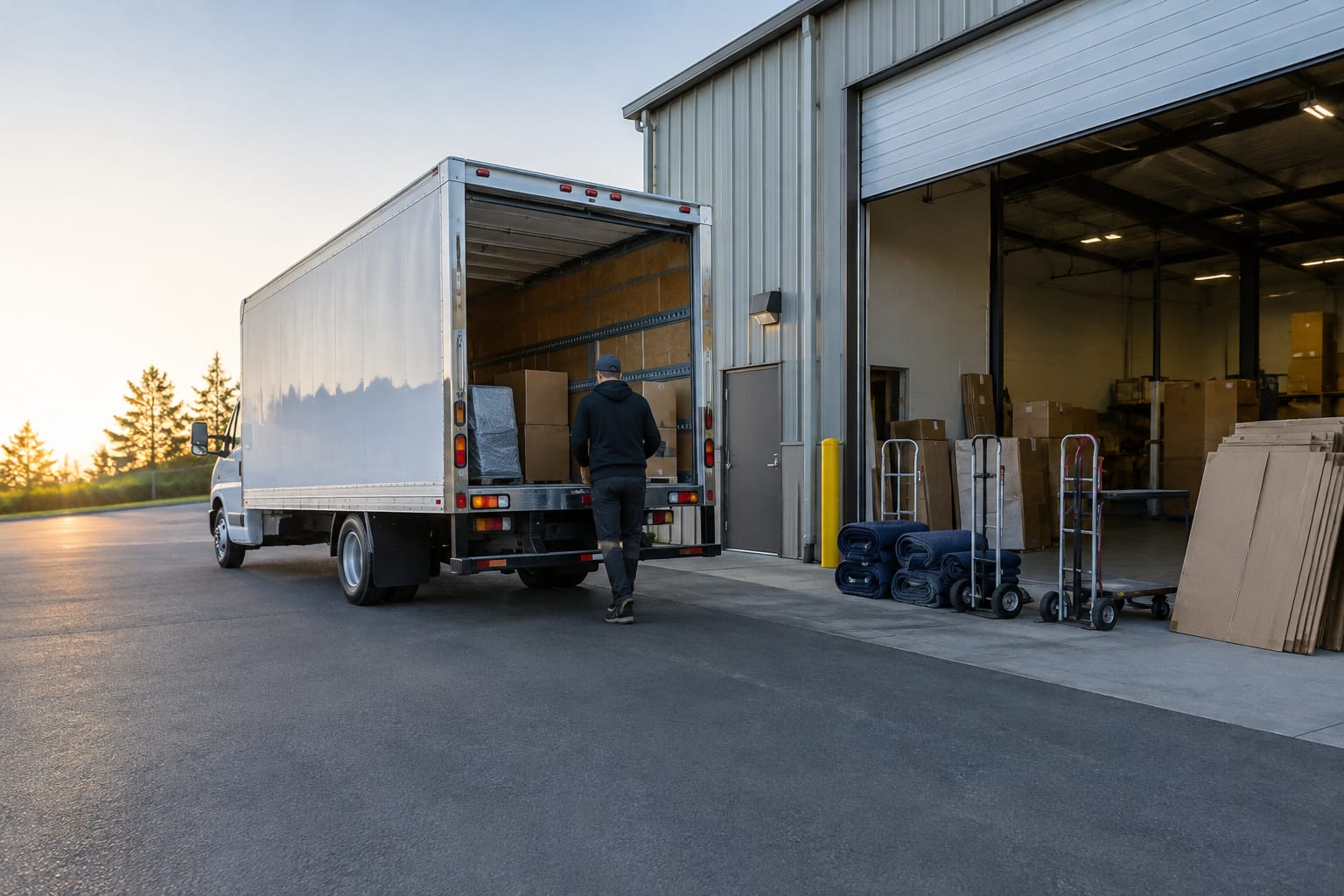 Owner with a clipboard beside a white box truck loaded with moving blankets and dollies outside a small warehouse