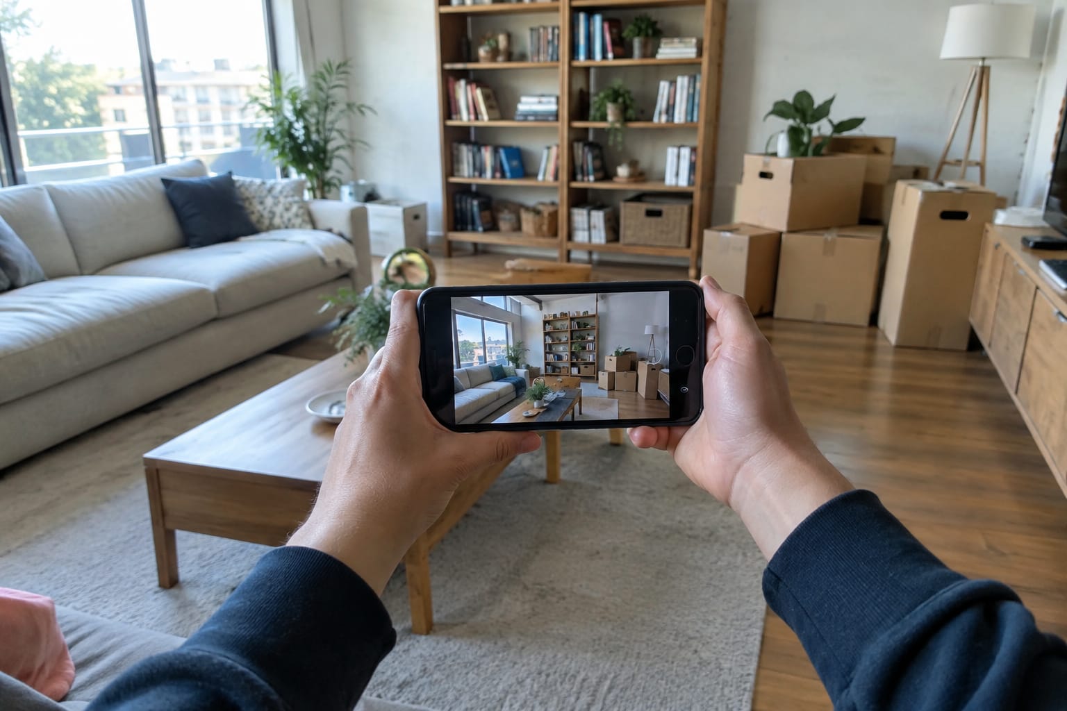 Person filming an open closet and dresser with a smartphone held at chest height in an apartment bedroom