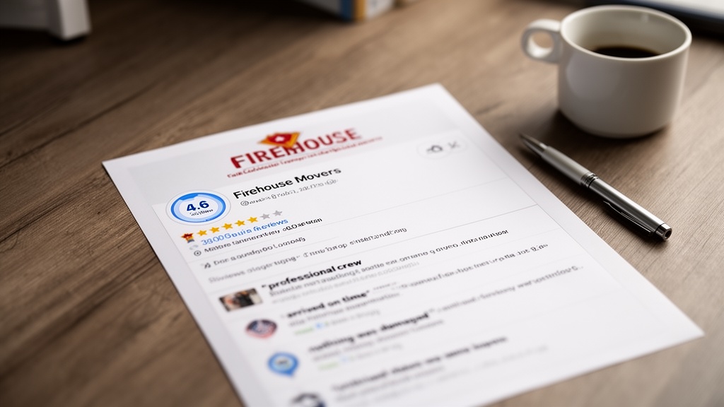 A printed sheet on a desk showing a Firehouse Movers Google Business listing screenshot with a 4.6-s