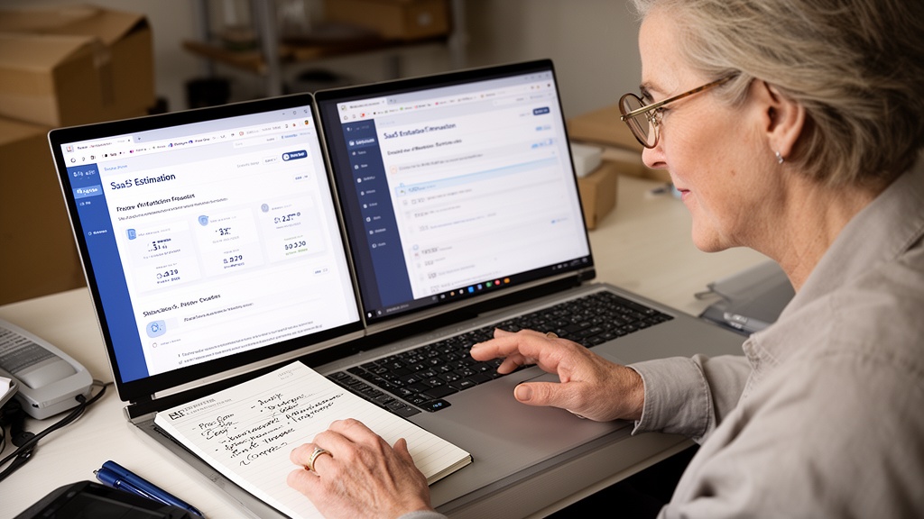 A moving company owner in her early 50s sitting at a home office desk, reading glasses on, comparing