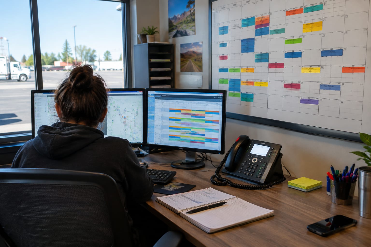 Dispatcher desk with a June wall calendar of colored job blocks and a crew schedule on screen