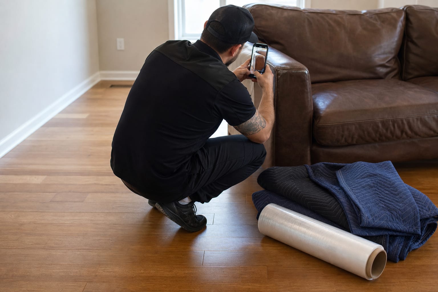 Mover photographing an existing scuff on a leather sofa armrest with a smartphone before loading.