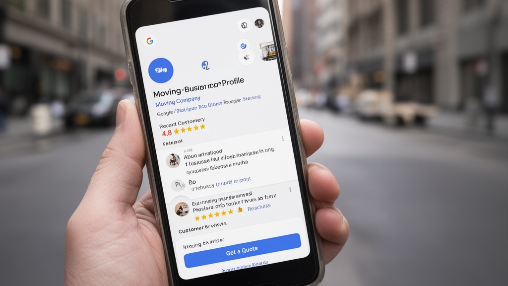 A close-up of a smartphone screen showing a Google Business Profile for a moving company with 4.8 st