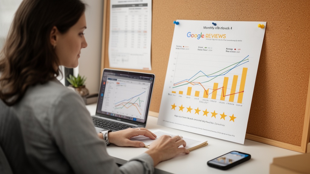 A moving company dispatcher seated at a desk reviewing a printed monthly report pinned to a corkboar
