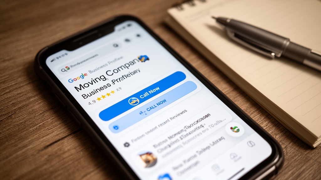 Close-up overhead shot of a smartphone lying on a wooden desk displaying a Google Business Profile f