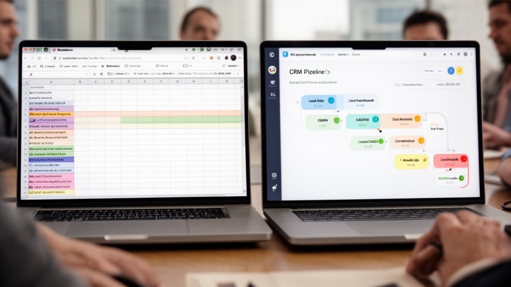 Two side-by-side laptop screens on a moving company conference table: the left shows a messy Excel s