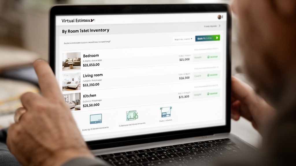 A close-up of a laptop screen showing the Virtual Estimate AI interface with a room-by-room inventor